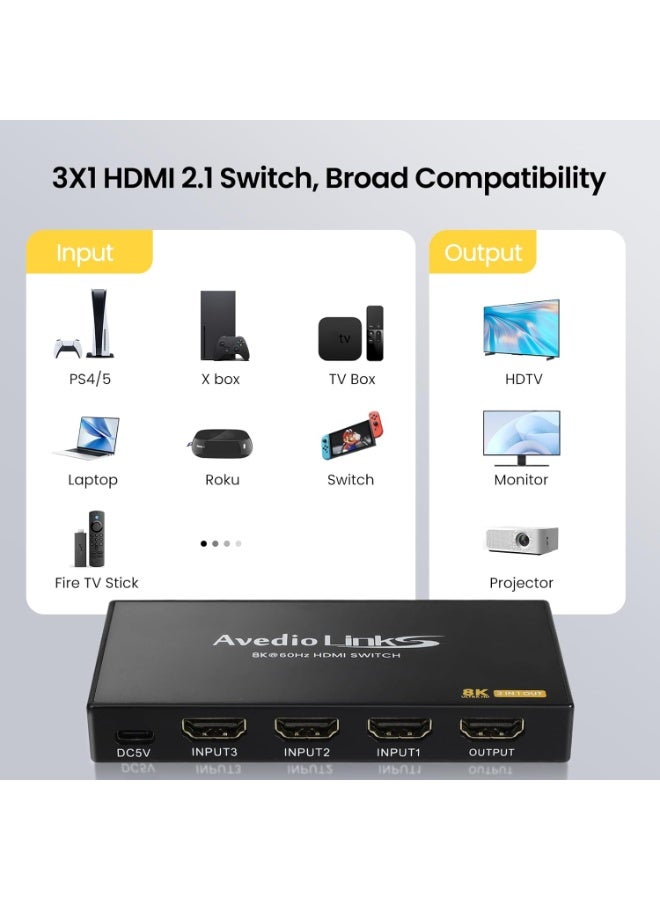 3 Port HDMI 2.1 Switch, 8K HDMI Switch 3 In 1 Out, HDMI Switch 4K@120Hz, HDMI Switcher Selector With Remote Support Auto Switch, Vision/Atmos, 8K@60Hz, 48Gbps, HDR, HDCP2.3 - Image 4