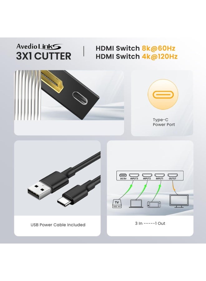 3 Port HDMI 2.1 Switch, 8K HDMI Switch 3 In 1 Out, HDMI Switch 4K@120Hz, HDMI Switcher Selector With Remote Support Auto Switch, Vision/Atmos, 8K@60Hz, 48Gbps, HDR, HDCP2.3 - Image 2