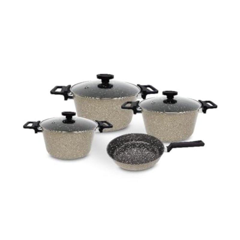 Reverse Forged Aluminum with Marble Coating Cookware Set with Glass Lid, 7 Pieces Set, Warm Marble - Image 4