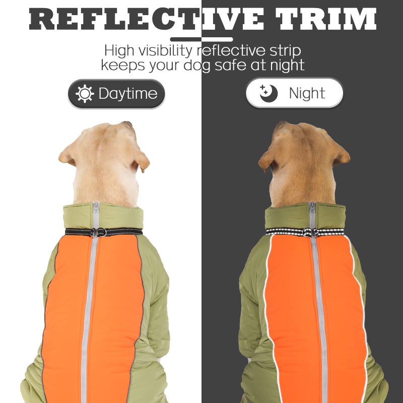 LOVINFURBABY Four-Legged Thick Coat for Dogs, Zip Up Windproof Warm Winter Jacket, Reflective Waterproof Dog Snowsuit with Leash Ring, LightGreen,20 - Image 3