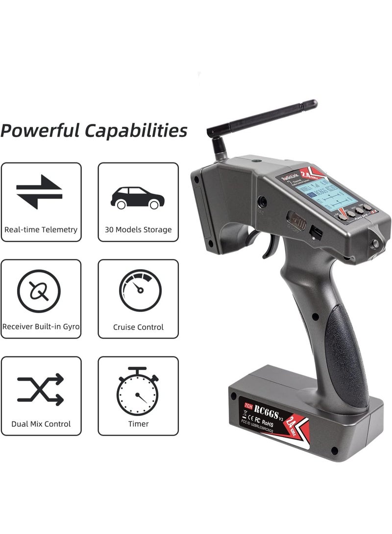 Radiolink RC6GS V3 7 Channels RC Transmitter and Gyro Receiver R7FG, 2.4Ghz Surface Radio Controller for RC Crawler, Drifting Cars, Buggy Cars, and Boats - Image 2