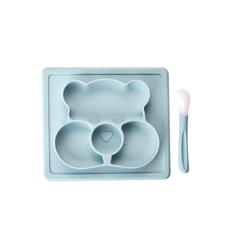 SOLARAE Plate Spoon Baby Silicone Dining Plates, Cartoon Bear Toddler Tableware Set Children Feeding Bowl Kids Dishes Anti-fall Tray Blue - Image 2
