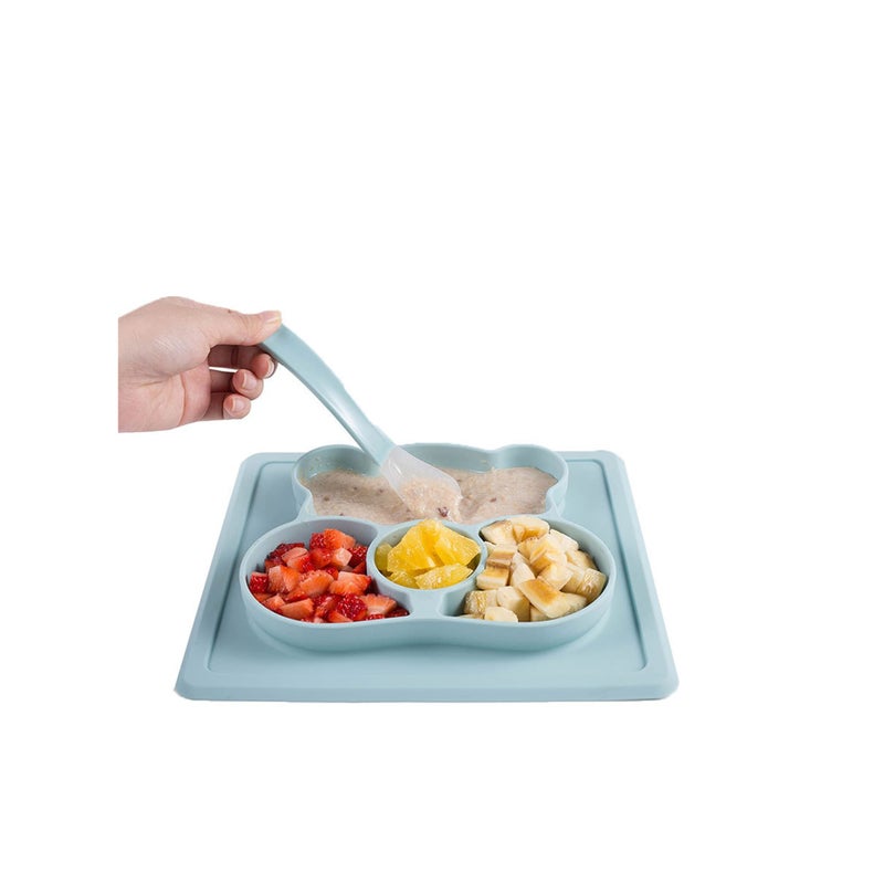 SOLARAE Plate Spoon Baby Silicone Dining Plates, Cartoon Bear Toddler Tableware Set Children Feeding Bowl Kids Dishes Anti-fall Tray Blue - Image 1