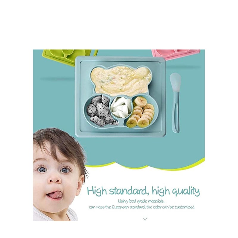 SOLARAE Plate Spoon Baby Silicone Dining Plates, Cartoon Bear Toddler Tableware Set Children Feeding Bowl Kids Dishes Anti-fall Tray Blue - Image 5