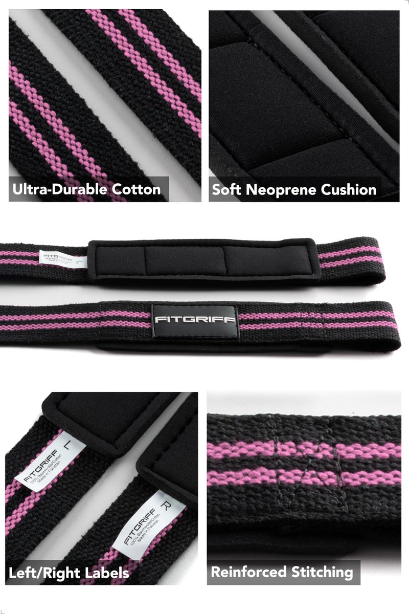 FitgriffÂ® Lifting Wrist Straps for Weightlifting, Gym, Deadlift, Workout (Made of Premium Cotton & Padded) - Men & Women (Standard, Black/Pink) - Image 3