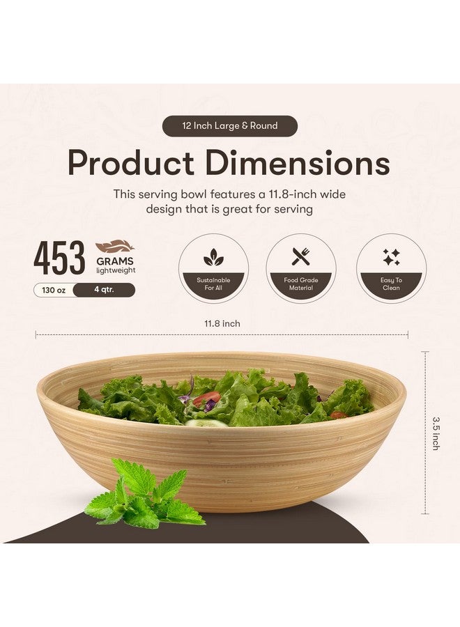 LEXA 12" Handmade Natural Bamboo Wooden Salad Bowl - 130 oz Lightweight Large Wooden Bowls for Food - Bamboo Wooden Fruit Bowl for Kitchen Counter, Wood Bowls for food - Wooden Serving Bowl for Snacks - Image 2