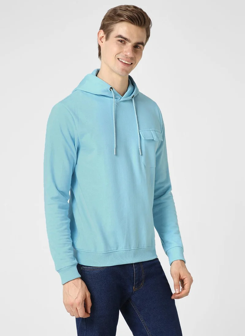 Urbano Fashion Men's Light Blue Cotton Solid Hooded Neck Sweatshirt