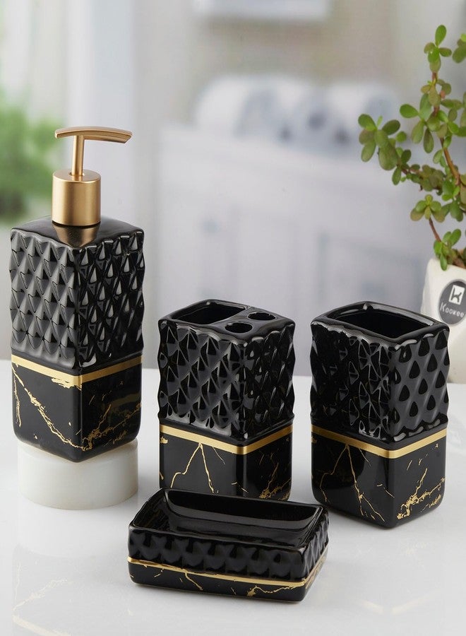 Kookee Ceramic Bathroom Accessories Set of 4, Modern Bath Set with Liquid handwash Soap Dispenser and Toothbrush Holder, Luxury Gift Accessory for Home, Black/Gold (10097) - Image 1