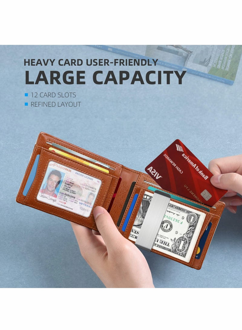 محفظة رجال رفيعة مانعة لتقنية RFID مع 12 فتحة بطاقة، تصميم جلد مزدوج بسيط، نافذة هوية، صندوق هدايا متضمن - Image 5