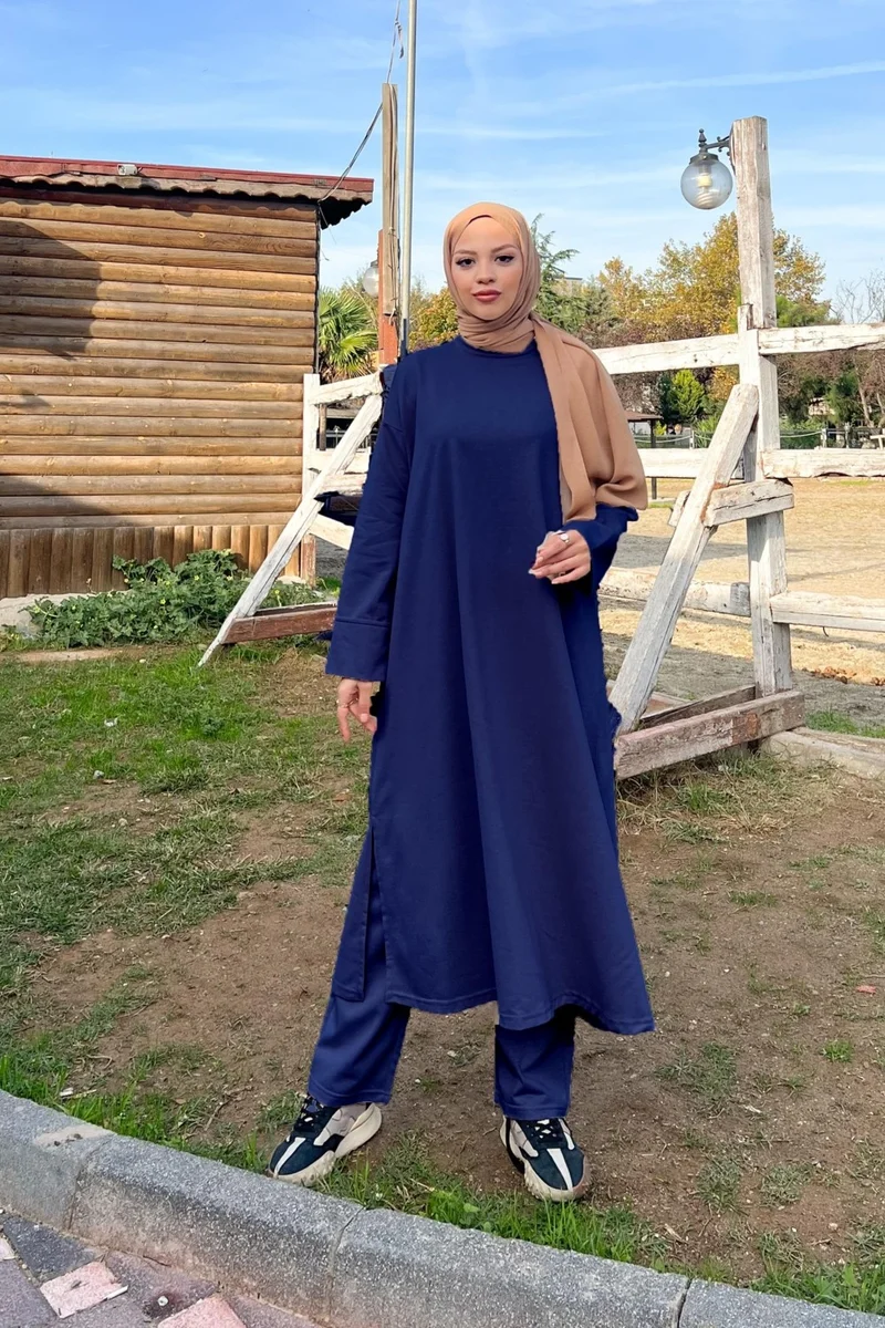 بي ويست O Neck Slit Long Wide Comfortable Tunic Trousers Plain Basic Sports Suit - 3040 - Indigo
