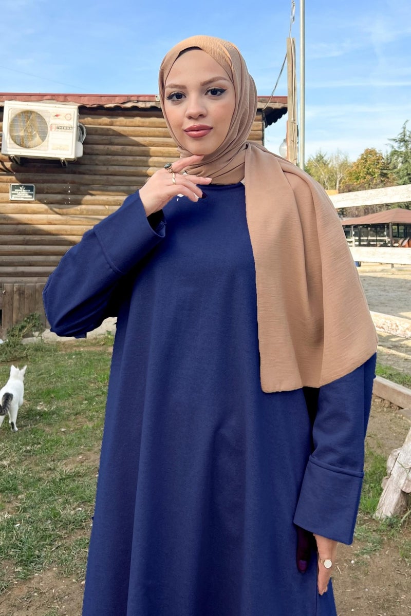 Bwest O Neck Slit Long Wide Comfortable Tunic Trousers Plain Basic Sports Suit - 3040 - Indigo - Image 3