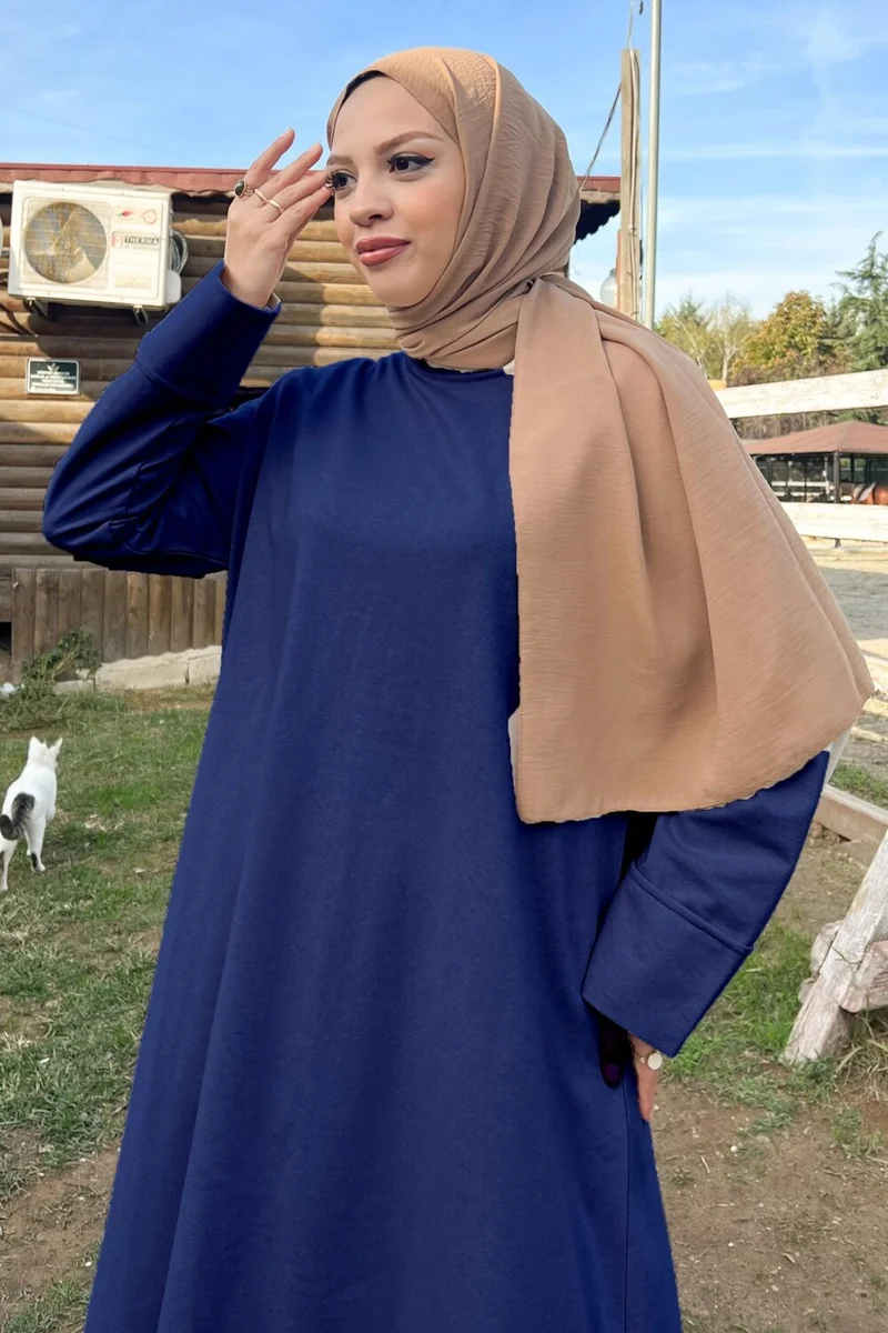 بي ويست O Neck Slit Long Wide Comfortable Tunic Trousers Plain Basic Sports Suit - 3040 - Indigo