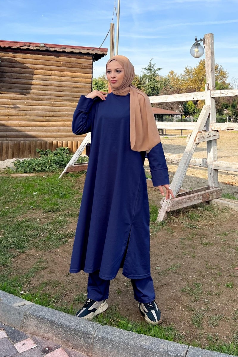 Bwest O Neck Slit Long Wide Comfortable Tunic Trousers Plain Basic Sports Suit - 3040 - Indigo - Image 4