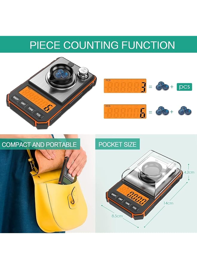 إيروريكس ميزان رقمي صغير محمول بمليجرام مع شاشة عرض وميزان جيب احترافي دقيق مع أوزان معايرة 50 جرام وملاقط 0.001 جرام مقياس عالي الدقة للتدرج الدقيق للمجوهرات الذهبية - Image 5