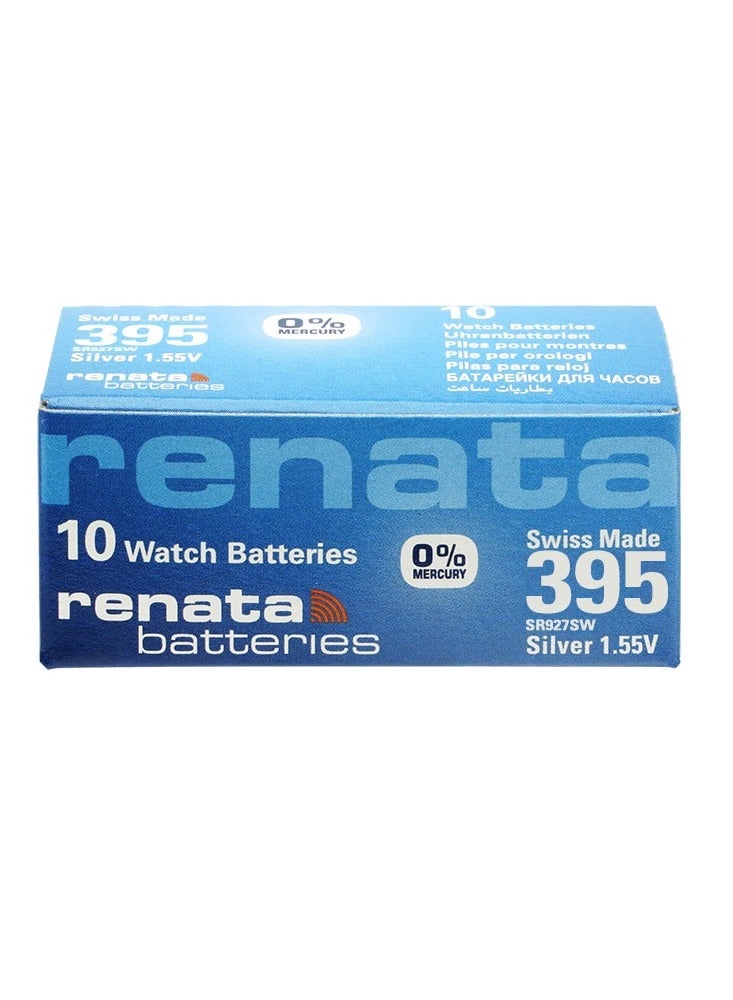 ريناتا بطارية ساعة Renata 395 (SR927SW)، بطارية أكسيد الفضة 1.55 فولت، عبوة من 10 بطاريات - Image 1