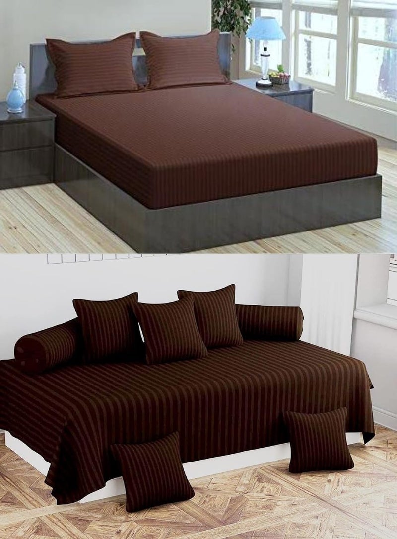 HOMYBEES HOMYBEES 280 TC Satin Stripes Combo of 8 Pcs Diwan Set Covers and Double Bed Bedsheet with 2 Pillow Covers Brown  - Image 1