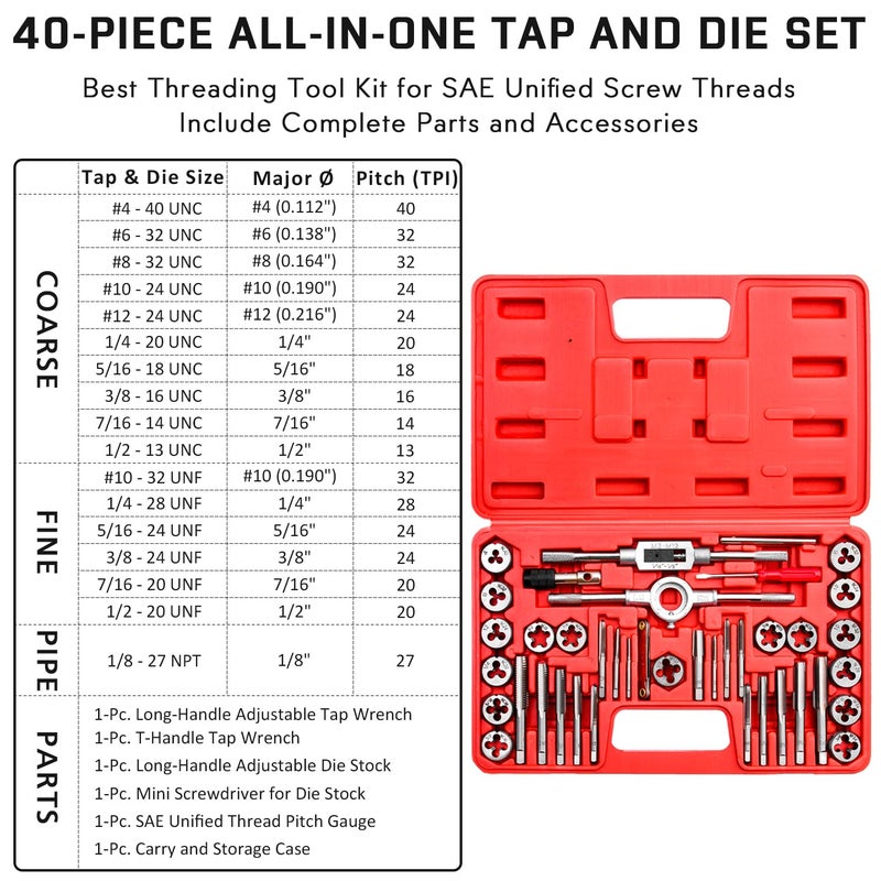 EFFICERE 40-Piece Premium Tap and Die Set, SAE Unified Screw Thread, Size #4 to 1/2â€ | Include UNC Coarse, UNF Fine and NPT Threads | Essential Threading Tool Kit with Complete Handles and Accessories - Image 4