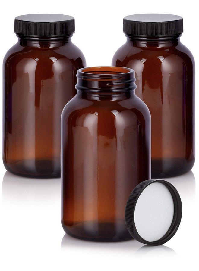 JUVITUS Amber 8 oz Glass Packer Bottle with Black Ribbed Lid (3 pack) - Image 1