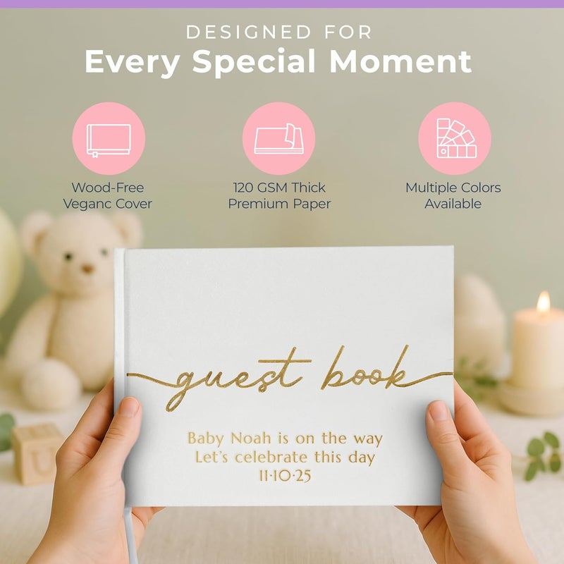 Promot Personalized Guestbook for Party (White) - 110 Lined Pages in Wood-Free Vegan Leather Hard Cover - Wedding Guest Book Sign in and Photos, Baby Shower, Birthday or Graduation - Image 2