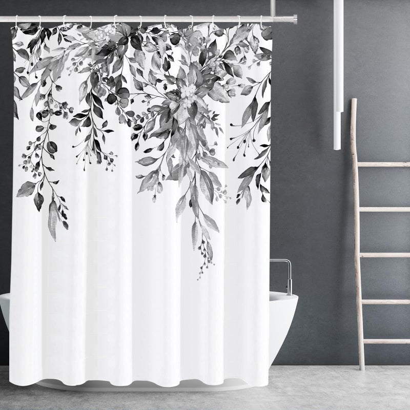 Tititex Black Eucalyptus Shower Curtain Sets Watercolor Grey Leaves on The Top Plant with Floral Bathroom Decoration 72x78 Inch with Hooks