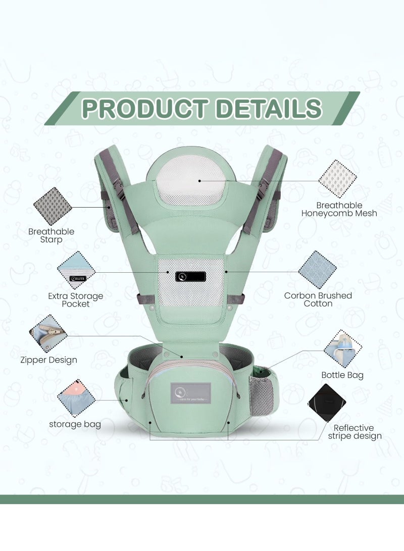 Arabest 6-in-1 Baby Carrier with Hip Seat, Multifunctional Waist Carrier for Walking, Shopping, Hiking, Travel- Adjustable Hip Seat Baby Carrier for 0-36 Months Baby, Gift Box Packaging (Green) - Image 4