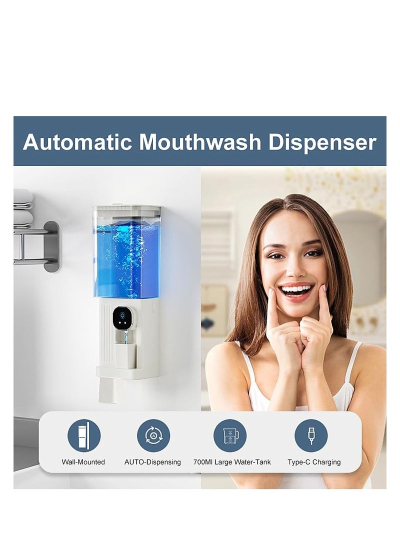 SYOSI Automatic Mouthwash Dispenser for Bathroom, 700mL(23.67 Oz) Wall Mounted Mouth Wash Dispenser with Magnetic Cups, Rechargable and 2 Dispensing Levels Mouth Pumb Dispenser for All Age Groups (White) - Image 2