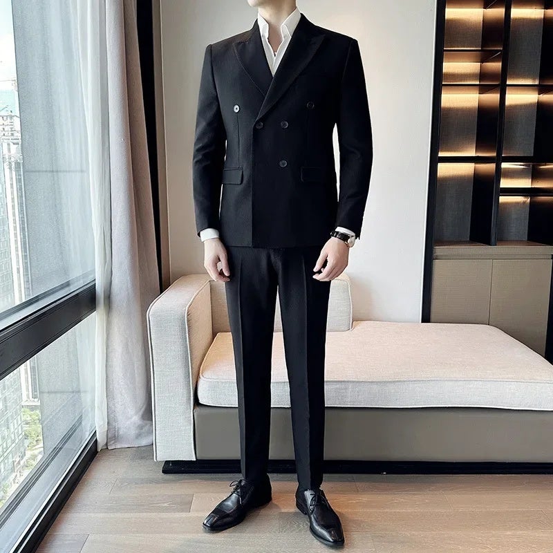 Autumn and Winter Korean Style Slim-fit Small Suit Double-breasted Suit Set Three-piece Black A445-SJT3611C-P250 - Image 2