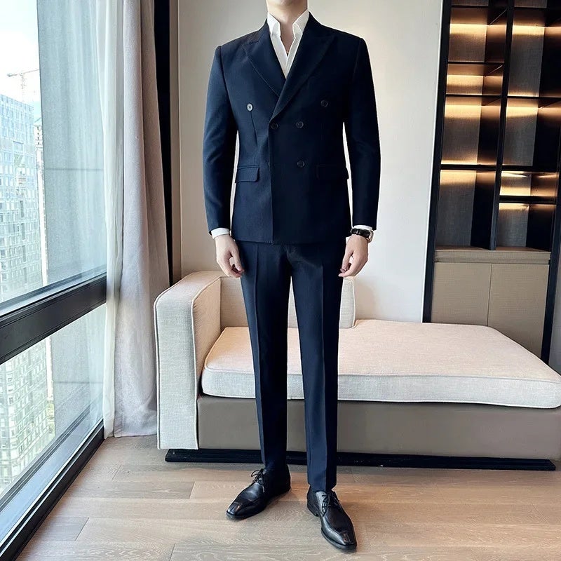 Autumn and Winter Korean Style Slim-fit Small Suit Double-breasted Suit Set Three-piece Black A445-SJT3611C-P250 - Image 3