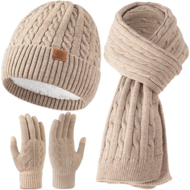 Tavaleu Winter Scarf Hat Gloves Set for Women Men, Warm Lined Beanie Hats Touchscreen Gloves Soft Long Scarf, Beige - Image 1