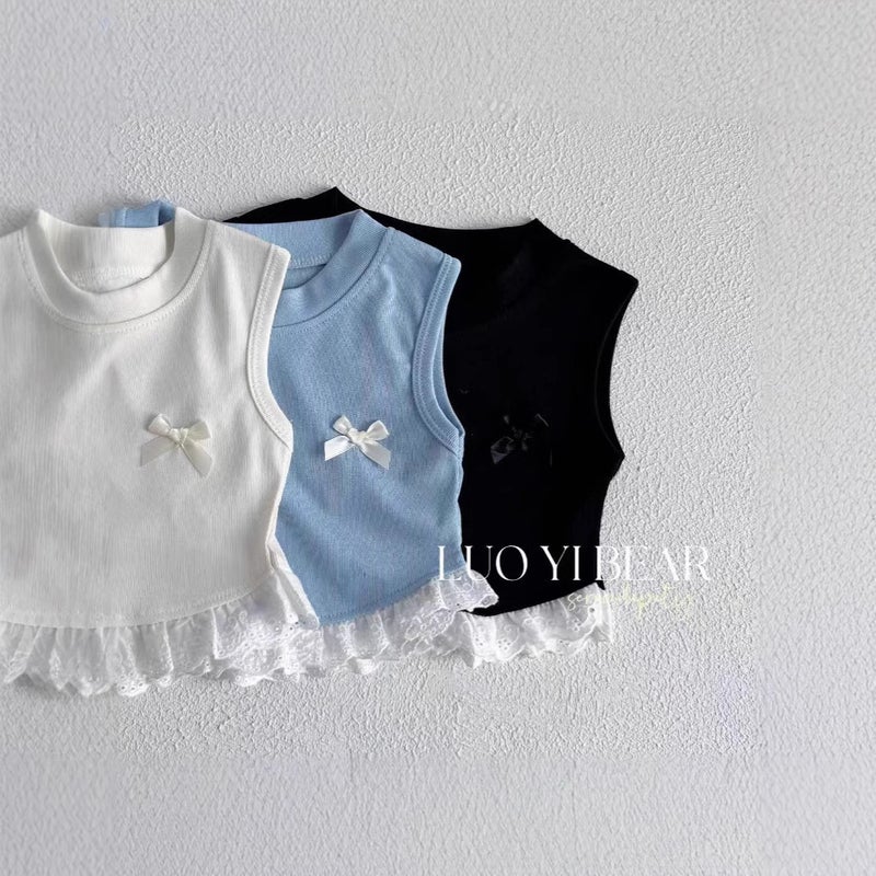 25 Girls Korean Style Bow Vest Style Children'S Sweet Patchwork Lace Sleeveless T-Shirt Top Trendy - Image 4