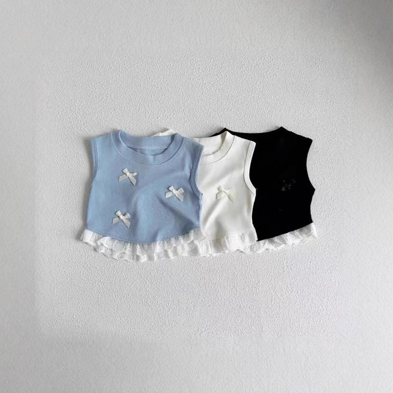 25 Girls Korean Style Bow Vest Style Children'S Sweet Patchwork Lace Sleeveless T-Shirt Top Trendy - Image 2