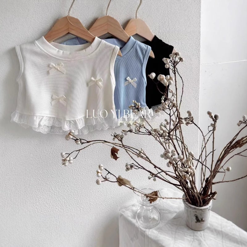25 Girls Korean Style Bow Vest Style Children'S Sweet Patchwork Lace Sleeveless T-Shirt Top Trendy - Image 3