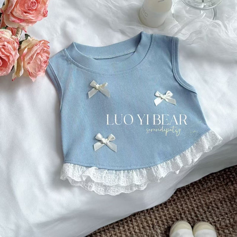 25 Girls Korean Style Bow Vest Style Children'S Sweet Patchwork Lace Sleeveless T-Shirt Top Trendy - Image 1