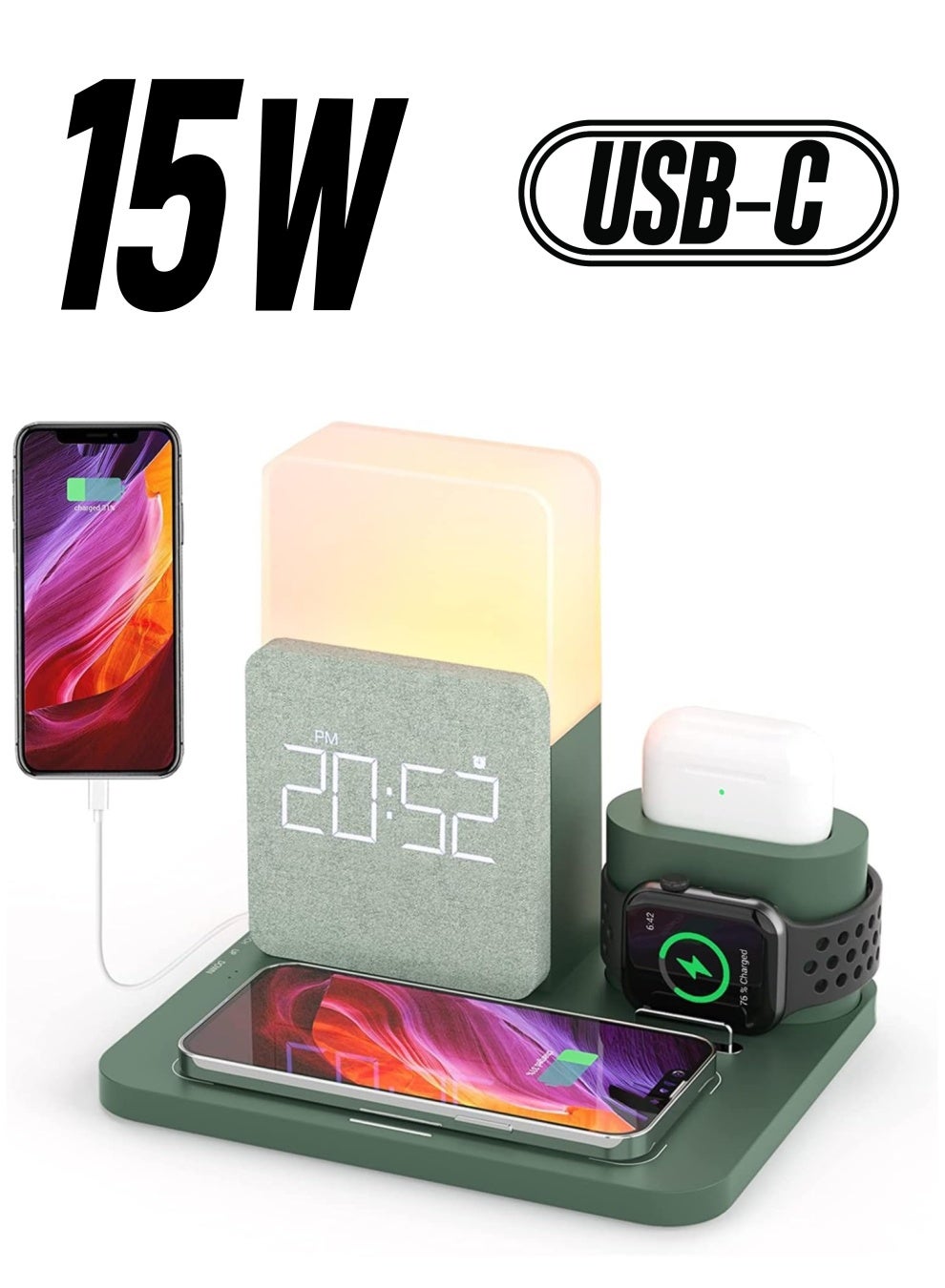 Wireless Charging Station, 3 in 1 Fast 15W Wireless Charger with Alarm Clock and Night Light, Charging Dock for iPhone 12/13/14 Pro/13 Mini/13 Pro Max/12 pro, Samsung, AirPods, Creative Business Gift