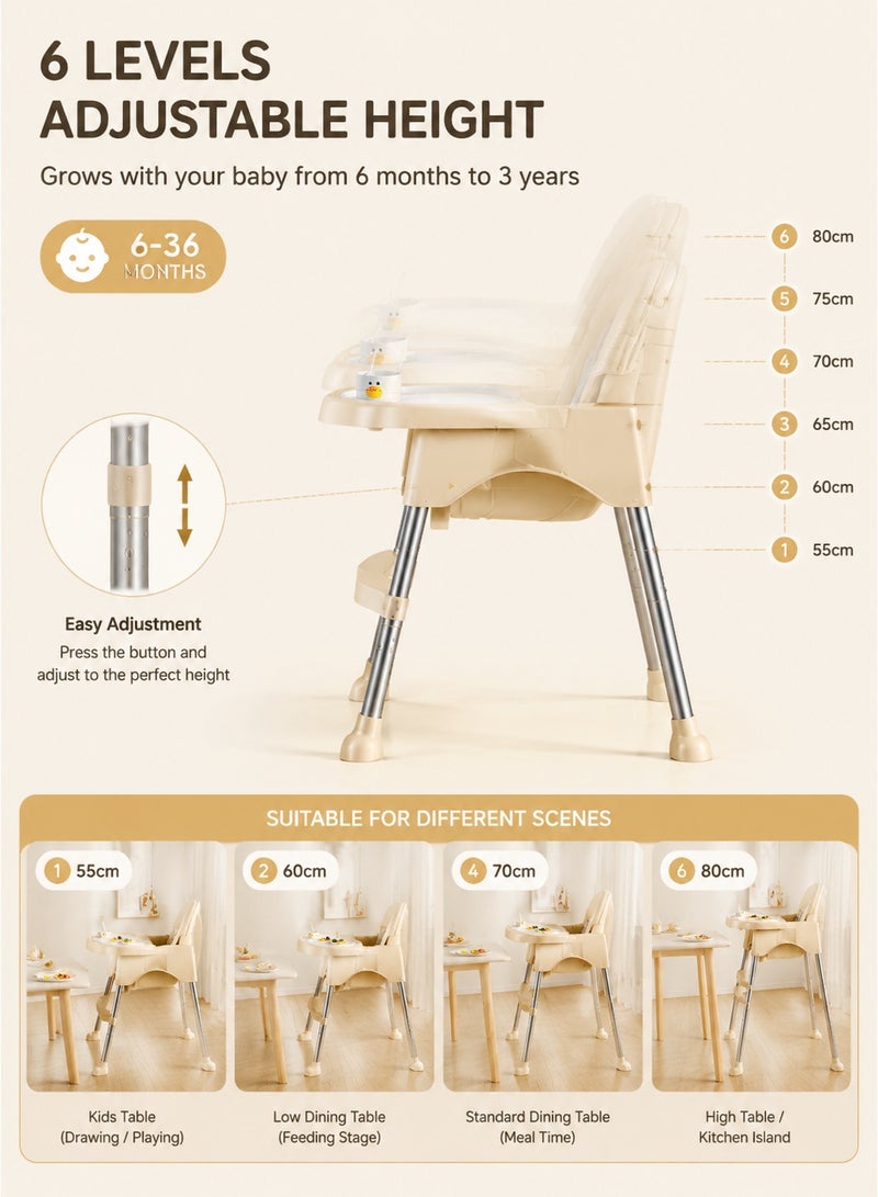 Yooyee Multifunctional Baby High Chair Adjustable Height Portable Feeding Chair with Safety Harness Removable Tray Stable Steel Frame Easy Clean Toddler Dining Seat for Home Use - Image 3