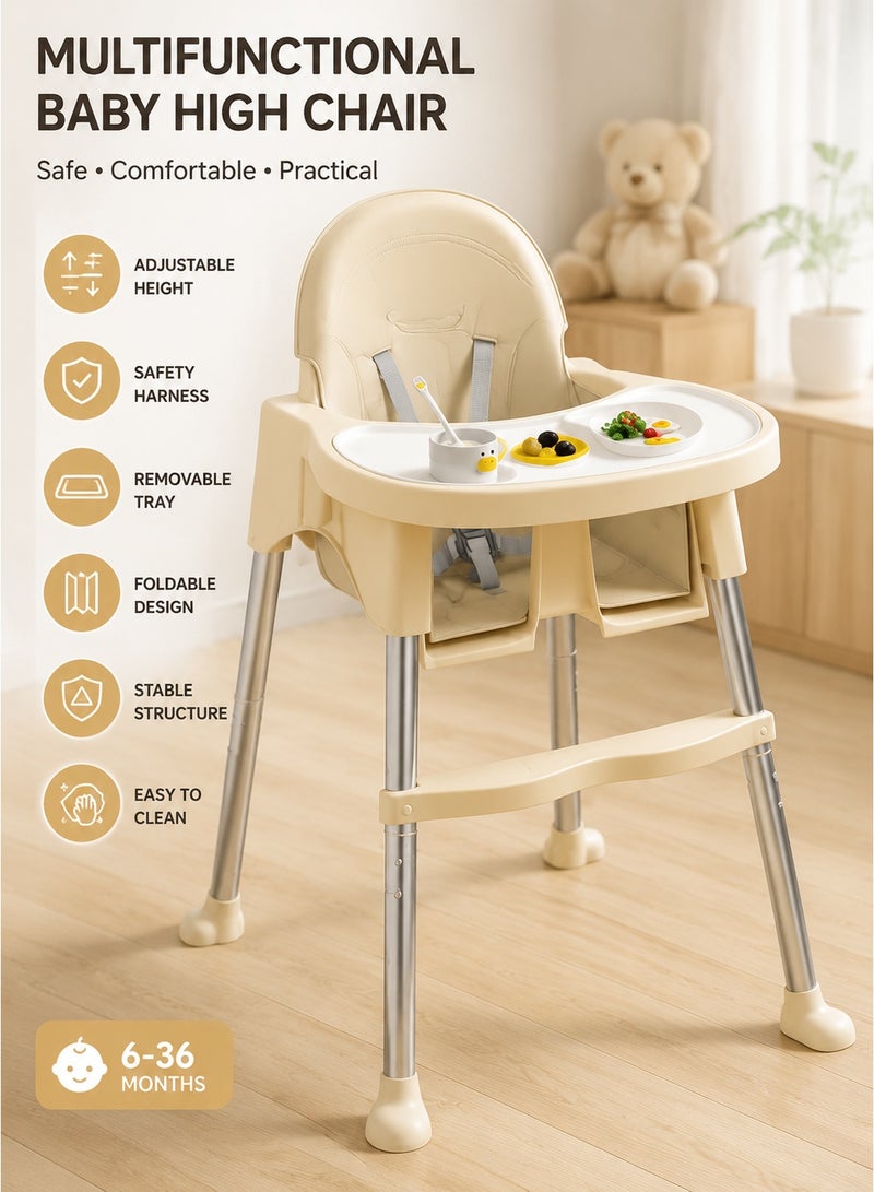 Yooyee Multifunctional Baby High Chair Adjustable Height Portable Feeding Chair with Safety Harness Removable Tray Stable Steel Frame Easy Clean Toddler Dining Seat for Home Use - Image 1