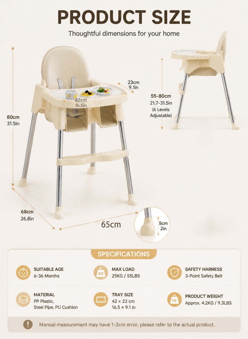 Yooyee Multifunctional Baby High Chair Adjustable Height Portable Feeding Chair with Safety Harness Removable Tray Stable Steel Frame Easy Clean Toddler Dining Seat for Home Use - Image 5