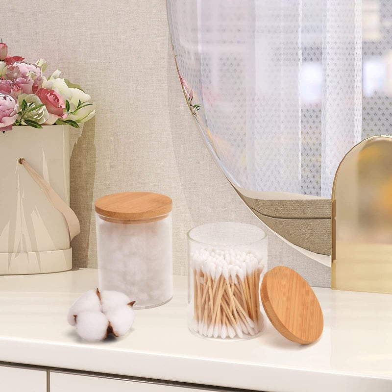 BKYFPQ 2 Pack Glass Qtip Holder Dispenser Set - Apothecary Jars with Lids - Vanity Makeup Organizer and Bathroom Canister Storage Organizer for Cotton Ball, Swab, Round Pads,Floss - Image 5