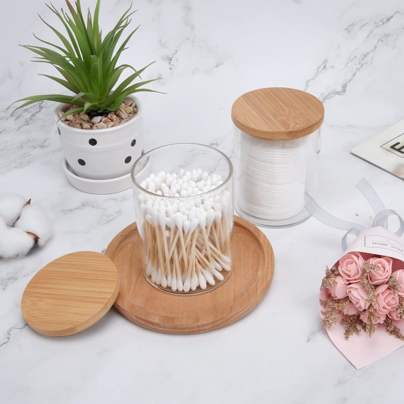 BKYFPQ 2 Pack Glass Qtip Holder Dispenser Set - Apothecary Jars with Lids - Vanity Makeup Organizer and Bathroom Canister Storage Organizer for Cotton Ball, Swab, Round Pads,Floss - Image 2