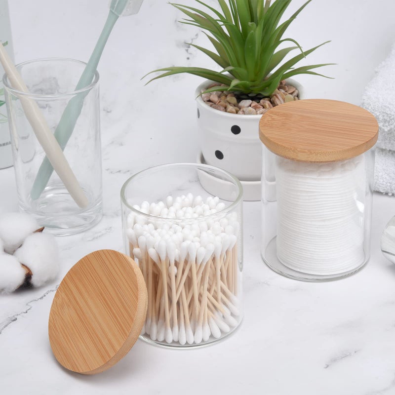 BKYFPQ 2 Pack Glass Qtip Holder Dispenser Set - Apothecary Jars with Lids - Vanity Makeup Organizer and Bathroom Canister Storage Organizer for Cotton Ball, Swab, Round Pads,Floss - Image 3