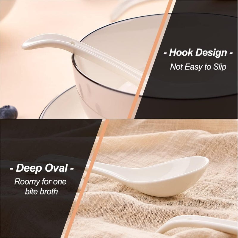 CHILDIKE Asian Soup Spoons Set of 4, Ramen Spoons, Ceramic Spoons 6.6" Chinese/Japanese Soup Spoons for Pho, Cereal - Deep Oval Hook Design - Image 4