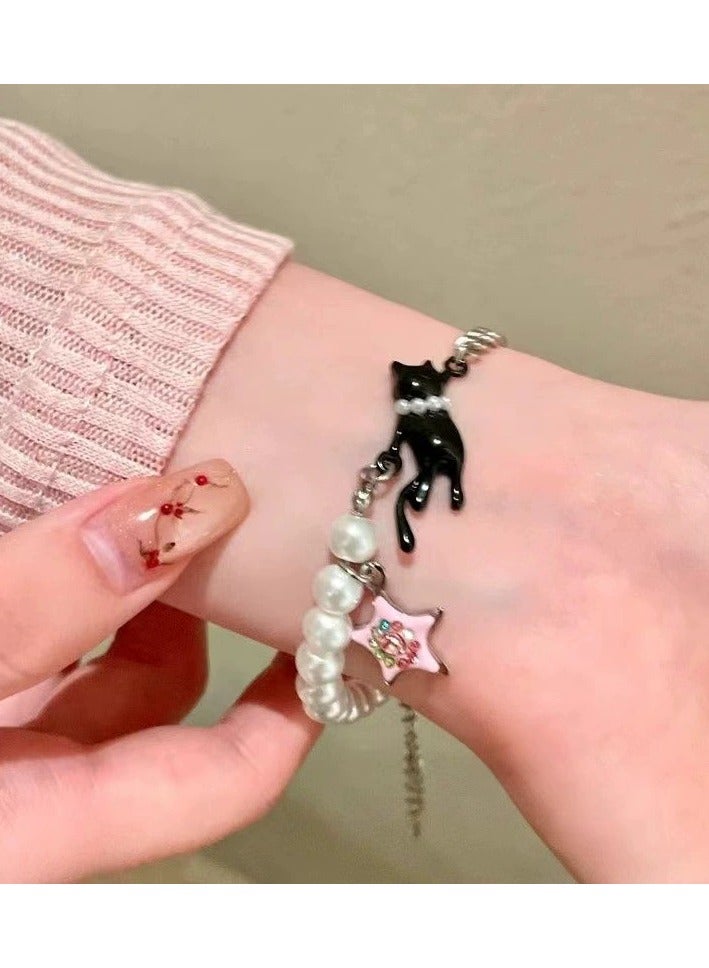Goolsky Black Cat & Star Pearl Bracelet – Sweet & Cool Summer Jewelry for Trendy Girls, Dainty Designer-Inspired Hand Chain  - Image 1