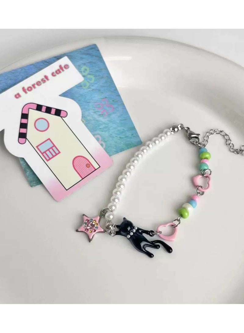 Goolsky Black Cat & Star Pearl Bracelet – Sweet & Cool Summer Jewelry for Trendy Girls, Dainty Designer-Inspired Hand Chain  - Image 2