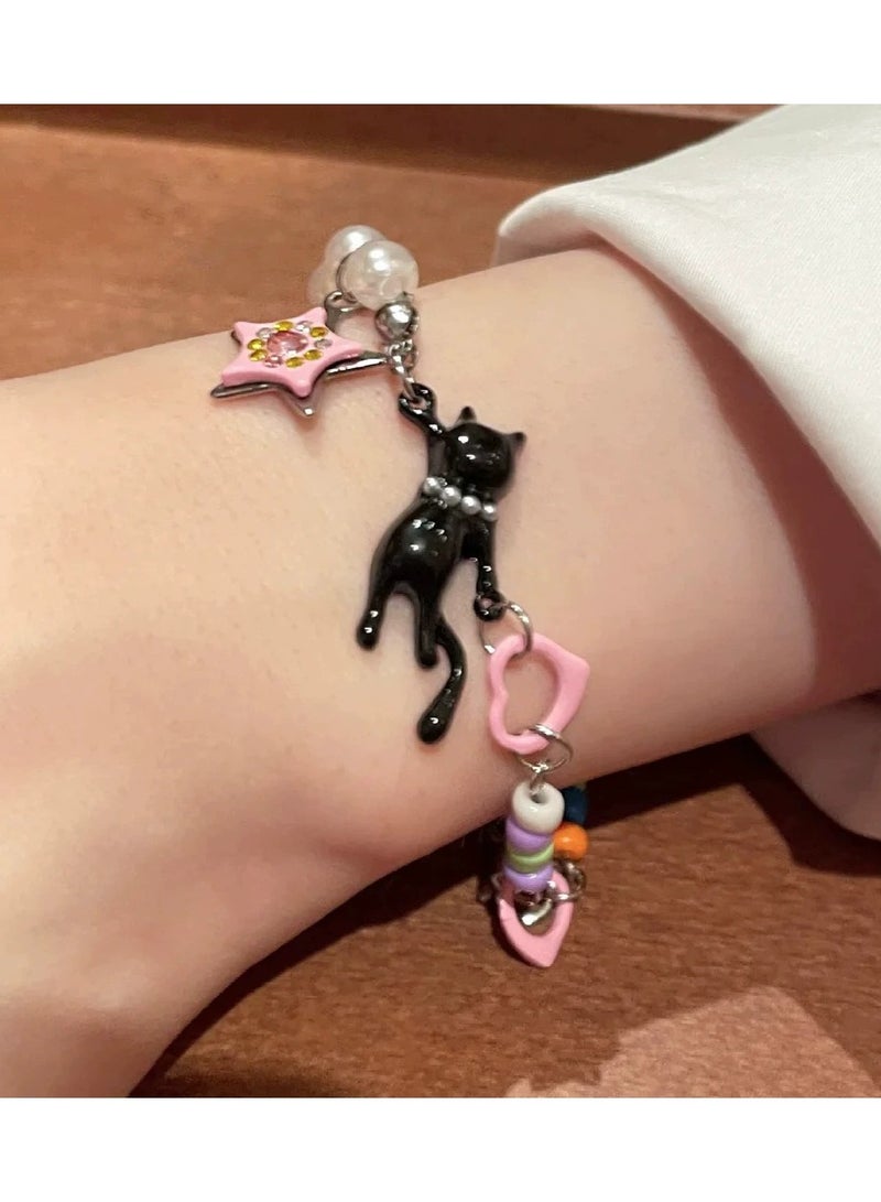 Goolsky Black Cat & Star Pearl Bracelet – Sweet & Cool Summer Jewelry for Trendy Girls, Dainty Designer-Inspired Hand Chain  - Image 3