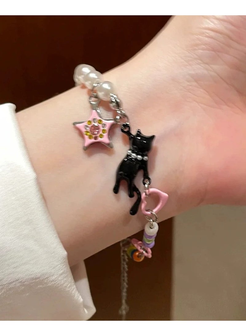 Goolsky Black Cat & Star Pearl Bracelet – Sweet & Cool Summer Jewelry for Trendy Girls, Dainty Designer-Inspired Hand Chain  - Image 4