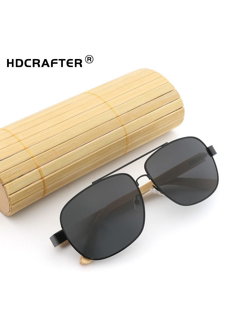 HDCRAFTER Metal Nose Bridge Square Full Frame Bamboo Foot Pilot Sunglasses - Image 3