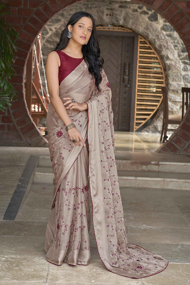 MANOHARI Beige Poly Georgette Sequence And Embroidery Saree With Blouse Piece_Mn1842-1 - Women - Image 2