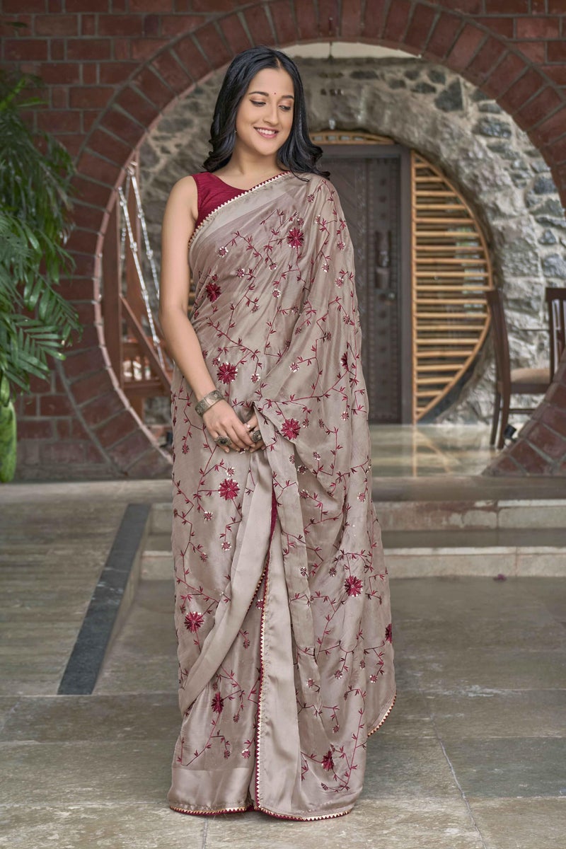 MANOHARI Beige Poly Georgette Sequence And Embroidery Saree With Blouse Piece_Mn1842-1 - Women - Image 3