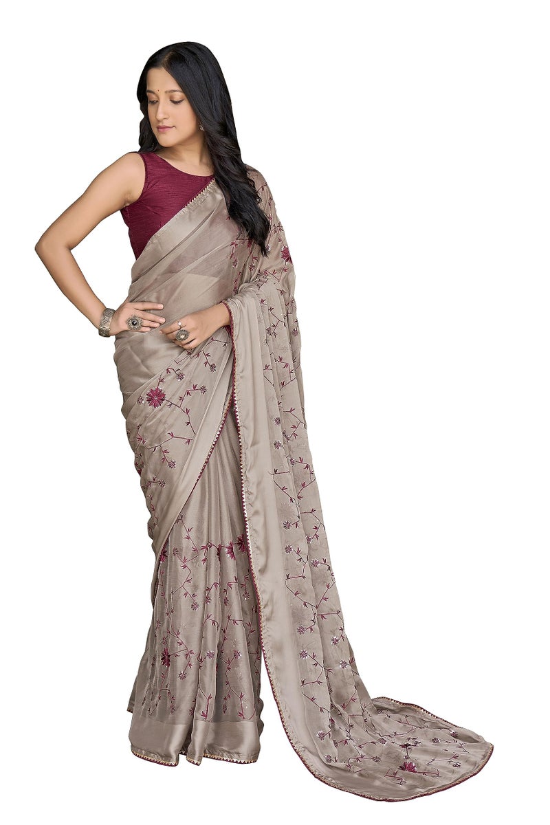 MANOHARI Beige Poly Georgette Sequence And Embroidery Saree With Blouse Piece_Mn1842-1 - Women - Image 1