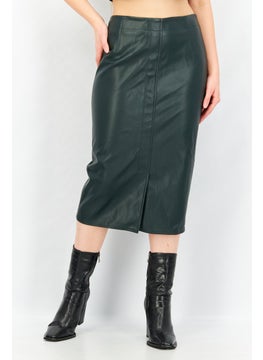ESPRIT Women Solid Leather Midi Skirt, Dark Olive  - Image 1